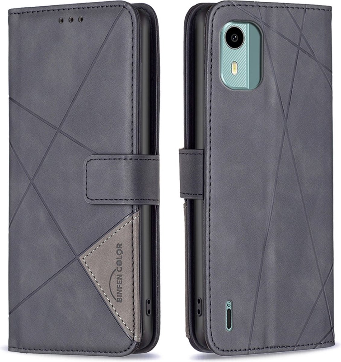 BINFEN Hoesje - Geschikt voor Nokia C12 Hoesje - BINFEN Geometric Book Case - Zwart