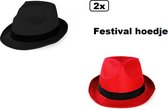 2x Festival hoed combi rood en zwart mt.59 - Stro -Hoofddeksel hoed festival thema feest feest party