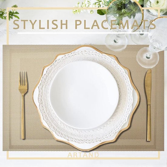 Xmkuwa Placemats, wasbare pvc-tafelmatten, geweven vinyl placemat voor eetkamertafelplaatsmatten set (6 placemats en 1 tafelloper, zilver en grijs