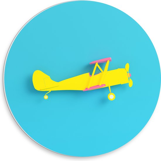 PVC Schuimplaat Muurcirkel - Zijaanzicht van Felgeel Zweefvliegtuig met Roze Details tegen Blauwe Achtergrond - 30x30 cm Foto op Muurcirkel (met ophangsysteem)