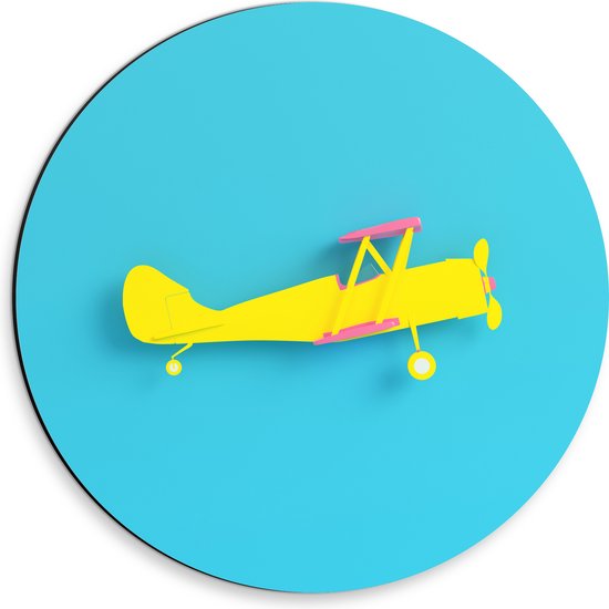 Dibond Muurcirkel - Zijaanzicht van Felgeel Zweefvliegtuig met Roze Details tegen Blauwe Achtergrond - 30x30 cm Foto op Aluminium Muurcirkel (met ophangsysteem)