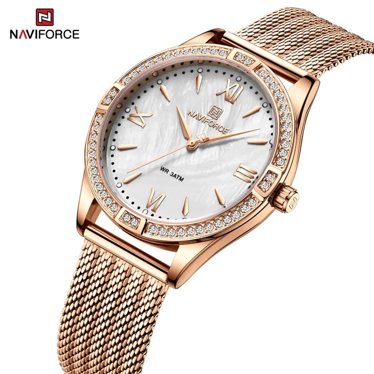 NAVIFORCE horloge met roze gouden stalen polsband, witte wijzerplaat en roze gouden horlogekast voor dames met stijl ( model 5028 RGW )