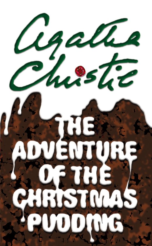 Livre "The Adventure of the Christmas Pudding" sur fond brun chocolat avec décoration blanche et pierre rouge.