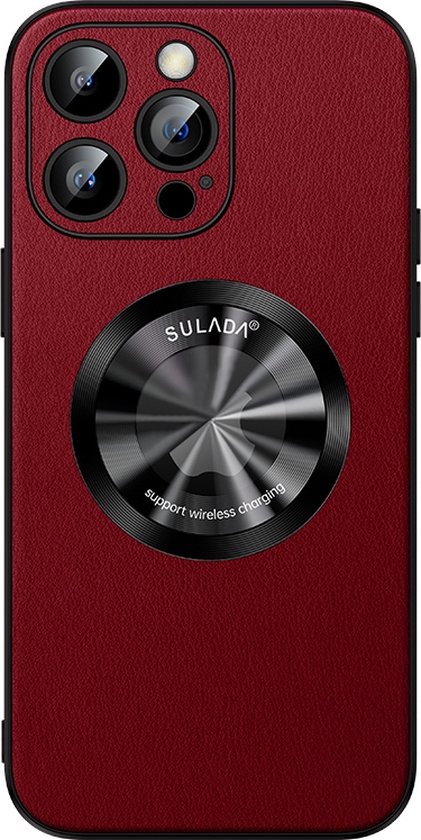 Sulada Soft case Microfiber leer en shockproof en lensbeschermer met magnetische ring voor de iPhone 14 Pro Rood