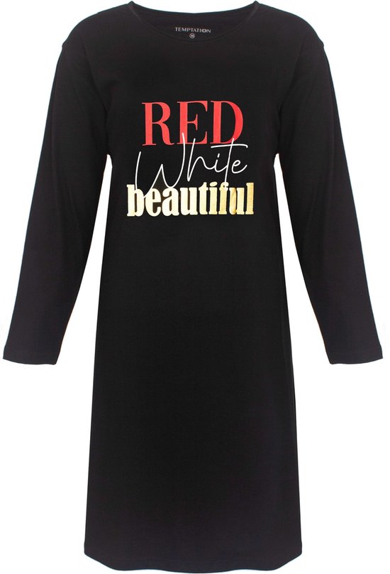 Chemise de nuit noire à manches longues, texte 'RED White beautiful' en rouge, blanc et dorure.