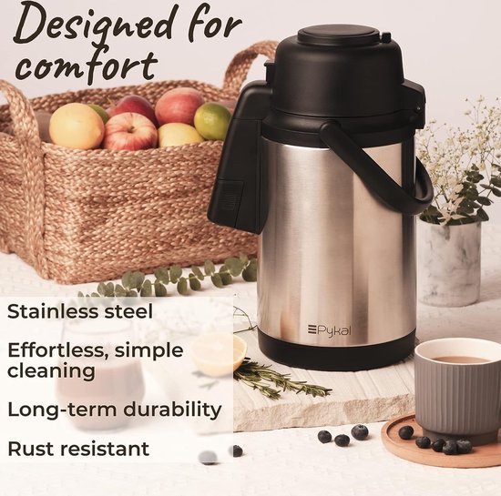 Thermische Dranken Server Pykal Geïsoleerde Koffie Karaf – Warmhouddispenser Met Pomp Voor Thee & Koffie | 3.5 Liter | 8 Uur 65°C | Roestvrijstalen Spatvrije Karaaf Met Pomp