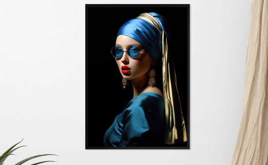 Poster Meisje met de Parel, moderne stijl. Moderne twist op iconisch schilderij. 30x40cm met zwarte kunststof wissellijst