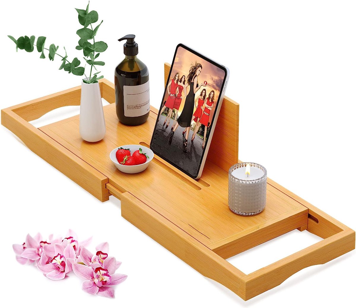 Relaxdays Badkuipplank, bamboe, uittrekbaar 70-105 cm, inklapbaar, glashouder & boekensteun