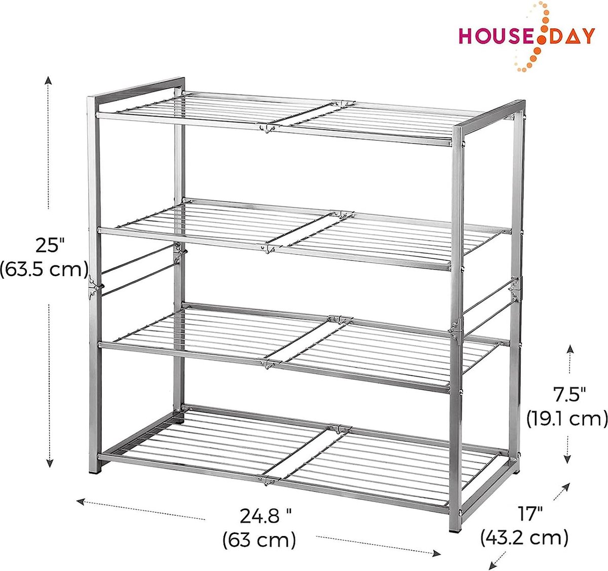 CARO-Möbel Schoenenrek systeem schoenenrek schoenenrek met 4 vakken voor ca. 16 paar schoenen, 81 cm breed, metaal zilver gelakt