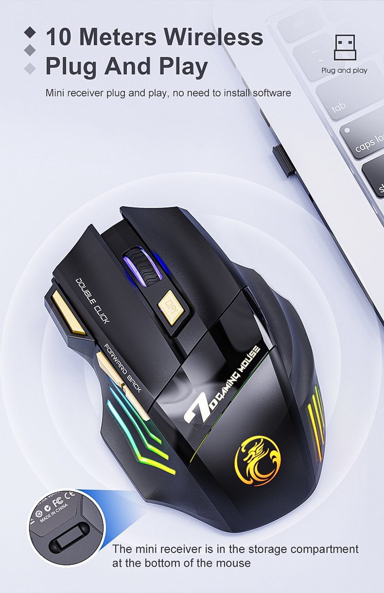 IMICE GW-X7 7-knop stille oplaadbare draadloze gamingmuis met kleurrijke RGB-lichten (zwart)