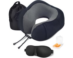 SUNMOOL Nekkussen Vliegtuig - Memory Foam Nekkussen Inclusief Slaapmasker & Oordopjes - Reiskussen - Vliegtuig Kussen - Travel Pillow : Zwart