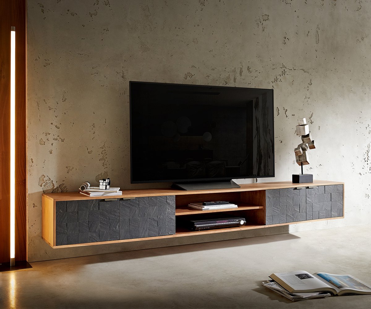 DELIFE TV-meubel Teele acacia natuurleisteen 240 cm 4 deurs zwevend lowboard Bruin