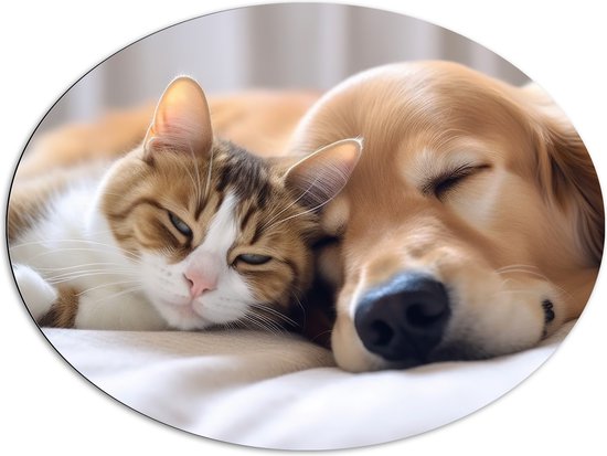 Dibond Ovaal - Hond en kat liggen tegen elkaar aan te slapen - 96x72 cm Foto op Ovaal (Met Ophangsysteem)