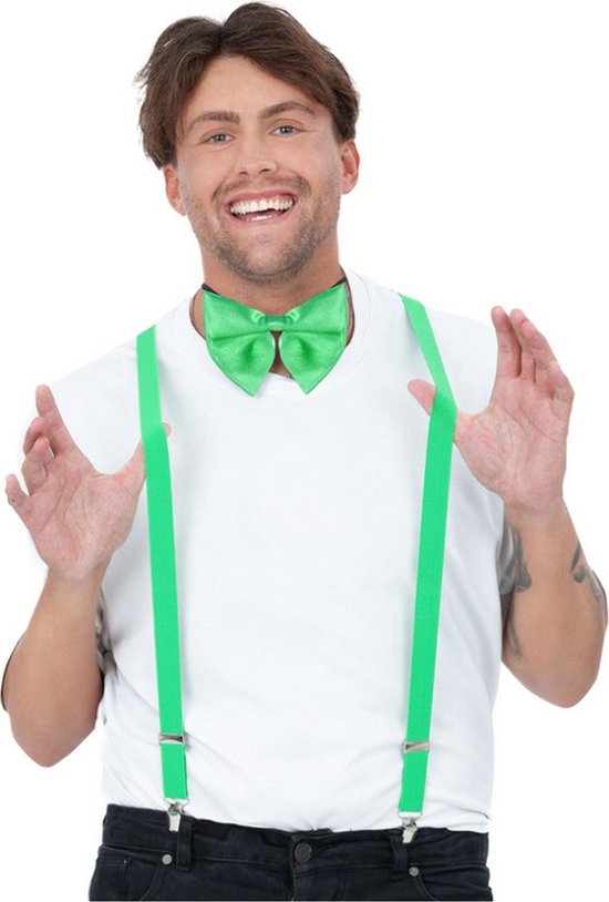 Smiffy's - Landen Thema Kostuum - Bretels En Vlinderstrik Set Groen - Groen - Carnavalskleding - Verkleedkleding