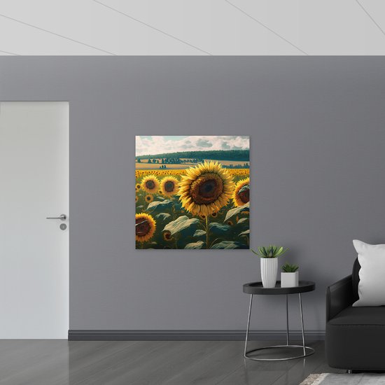 Dibond - Close-up van Zonnebloemen Omringd door Zonnebloemen in een Zonnebloemenveld - 100x100 cm Foto op Aluminium (Met Ophangsysteem)