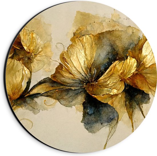 Dibond Muurcirkel - Elegante Bloemen met Gouden Details - 20x20 cm Foto op Aluminium Muurcirkel (met ophangsysteem)