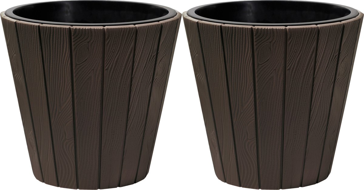 Prosperplast Plantenpot/bloempot Wood Style - 2x - buiten/binnen - kunststof - donkerbruin - D35 x H32 cm - met binnenpot