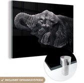 MuchoWow® Glasschilderij 120x80 cm - Schilderij acrylglas - Olifant - Dieren - Zwart - Natuur - Foto op glas - Schilderijen