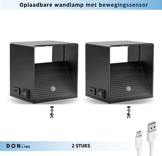 2 Stuks - Oplaadbare Wandlamp met Bewegingssensor - Warm Wit (3000K) - Scandinavisch Design - Draadloze wandlamp voor binnen en buiten - Oplaadbaar - Zwarte up-down kubus wandlamp - Wandlamp op batterijen - Magnetische Bevestiging
