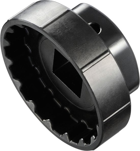 Zwarte Shimano trapas tool met gekartelde rand en vierkant gat in het midden.