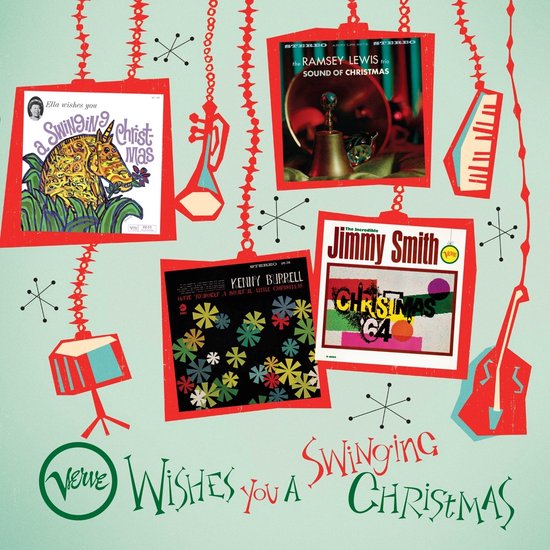 Verve Wishes You a Swinging Christmas albumhoezen, met artwork van Ella Fitzgerald, Kenny Burrell, Ramsey Lewis en Jimmy Smith.