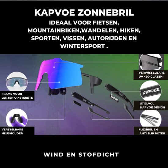 KAPVOE Sport Zonnebril - COMPLETE SET - 4 GLAZEN - Fietsbril - Sportbril - Mountainbike - Wielren - Ski - Wintersport - Sneeuw - Polariserend - UV 400 - Nachtbril - Frame voor Zonnebril op Sterkte - Hoesje -Brillenkoker - Dames Heren -WIT van Merkloos — afbeelding 2
