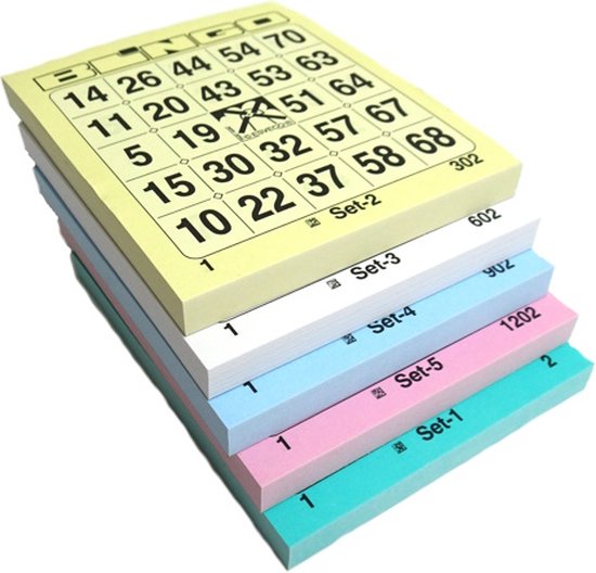 Bingo kaarten gekleurd - Bingo block - 5x100 vellen - 0 tot 75 - 5 verschillende series
