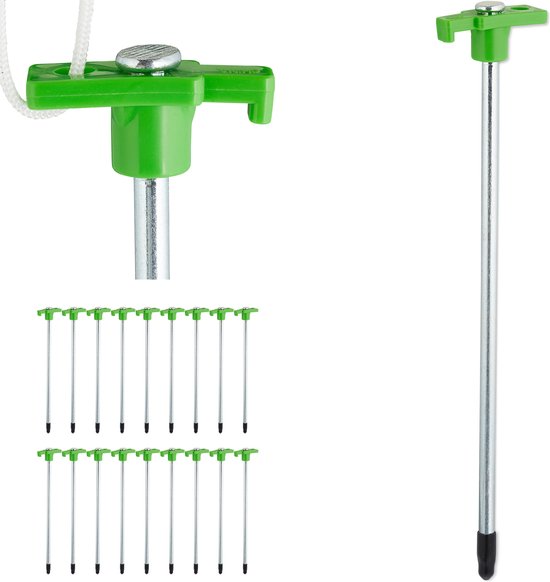 Piquets de tente Relaxdays - lot de 18 - clous de tente - 25 cm - piquets de sol avec oeillet - acier - vert clair