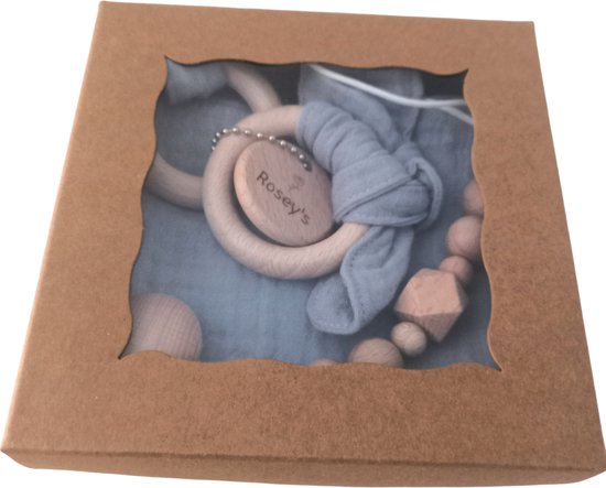 Rosey’s® Baby Giftset Baby Blue – Kraamcadeau Jongen – Bijtring, Speenkoord & Knuffeldoekje – Baby Cadeau Set 0 Jaar – Babyshower / Geboorte Geschenk — afbeelding 3