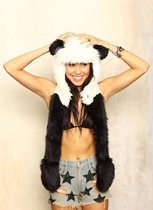 KIMU hood panda muts met sjaal, wanten en oortjes - faux fur zwart wit bont berenmuts bontmuts flappen capuchonmuts spirit -