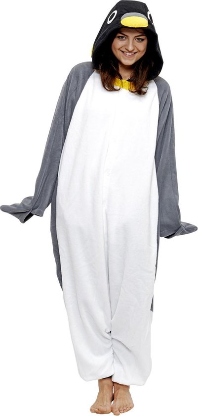 LET OP B-KEUZE! KIMU Onesie Grijze Pinguin Pak - Maat S-M - Pinguinpak Kostuum Grijs 158 164 - Huispak Dierenpak Pyjama Dames Heren Festival