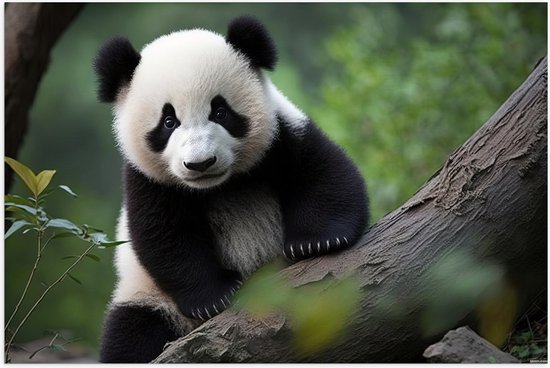 Poster Glanzend – Aankijkende Panda op Boomstam in het Bos - 60x40 cm Foto op Posterpapier met Glanzende Afwerking