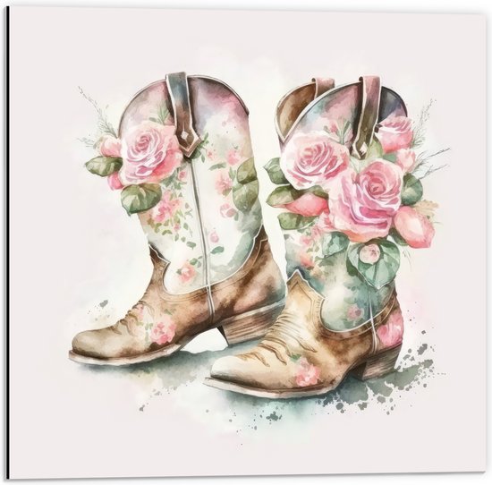 Dibond - Acryl Tekening van Cowboy Boots Versierd met Bloemen - 50x50 cm Foto op Aluminium (Wanddecoratie van metaal)