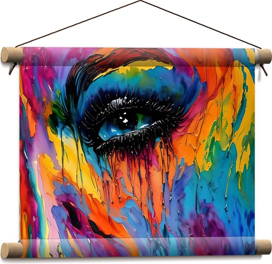 Textielposter - Acrylverf Schilderij van Deel van Regenboogkleurig Gezicht - 40x30 cm Foto op Textiel