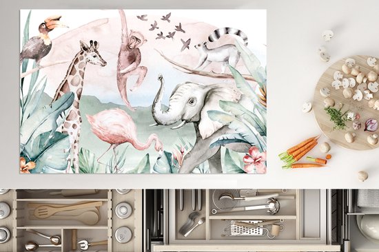KitchenYeah® Inductie beschermer 76x51.5 cm - Jungle - Dieren - Waterverf - Jongens - Meisjes - Kinderen - Kind - Kookplaataccessoires - Afdekplaat voor kookplaat - Inductiebeschermer - Inductiemat - Inductieplaat mat