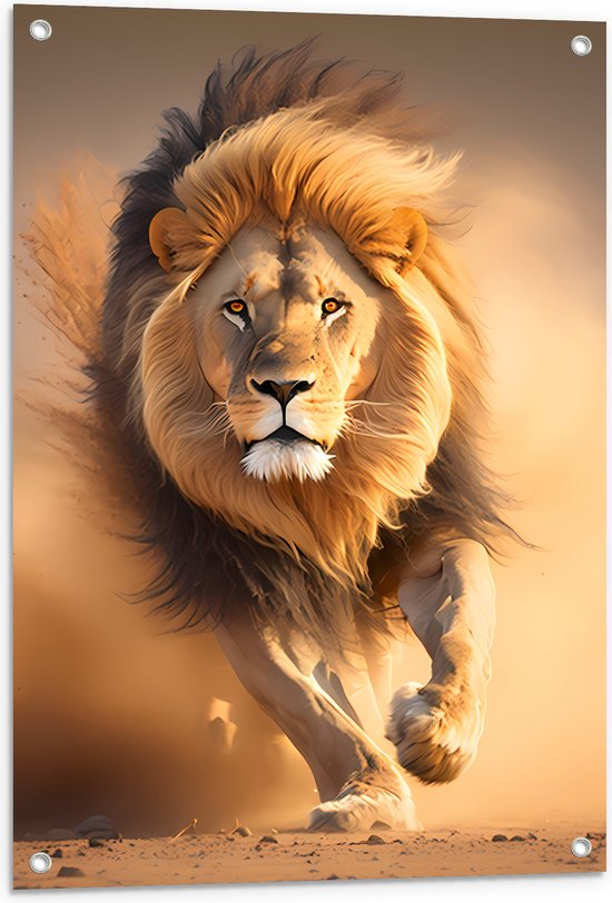 Tuinposter – Aanstormende Mannetjes Leeuw door het Afrikaanse Landschap - 60x90 cm Foto op Tuinposter (wanddecoratie voor buiten en binnen)