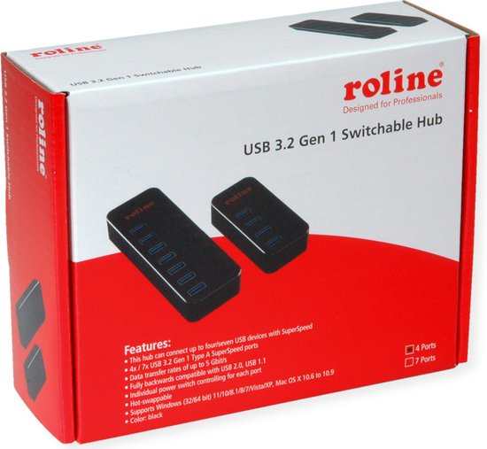 Hub pour ordinateur portable ROLINE USB 3.2 Gen 1, 4 ports, commutable individuellement, noir