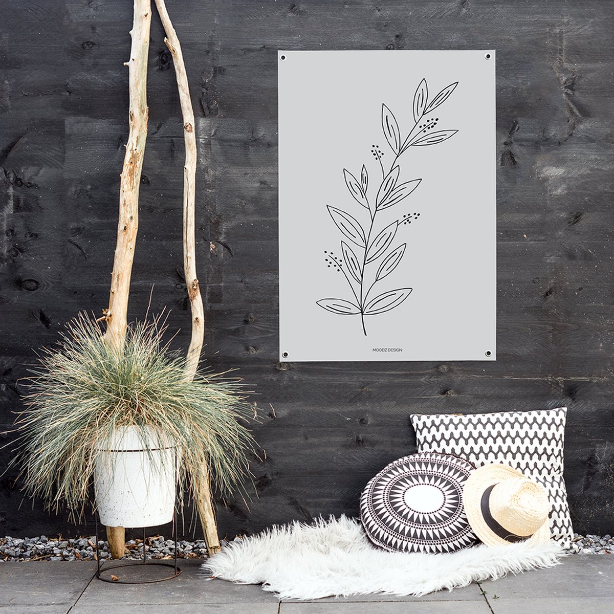 MOODZ design Tuinposter | Buitenposter | Illustratie natuur 2 | 70 x 100 cm | Grijs