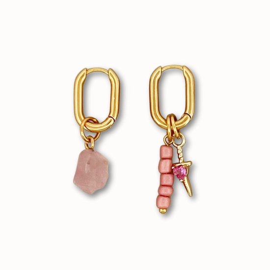 ByNouck Jewelry - Earparty Feestelijk Roze - Sieraden - Vrouwen Oorbellen - Goudkleurig - Roze