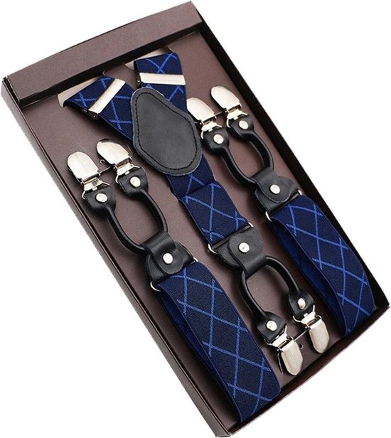 Luxe chique – heren bretels – donkerblauw geruit met blauw design – zwart leer – 6 extra stevige clips