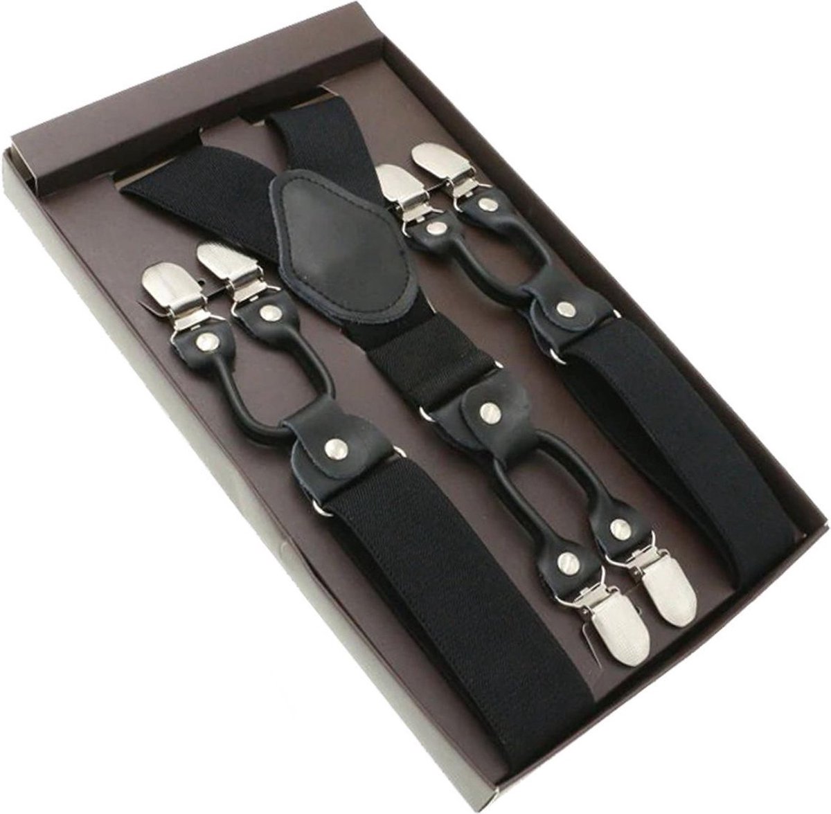 Luxe chique - heren bretels - zwart effen - zwart leer - 6 stevige clips -