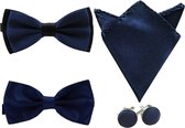 Luxe set vlinderstrik 2 stuks inclusief pochette en manchetknopen - Donkerblauw en zwart - Sorprese - strik - strikje - vlinderdas - pochet - heren
