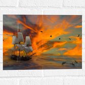 Muursticker - Schilderij van Vogels boven Zeilschip met Dolfijnen en Kleurrijke Lucht - 40x30 cm Foto op Muursticker