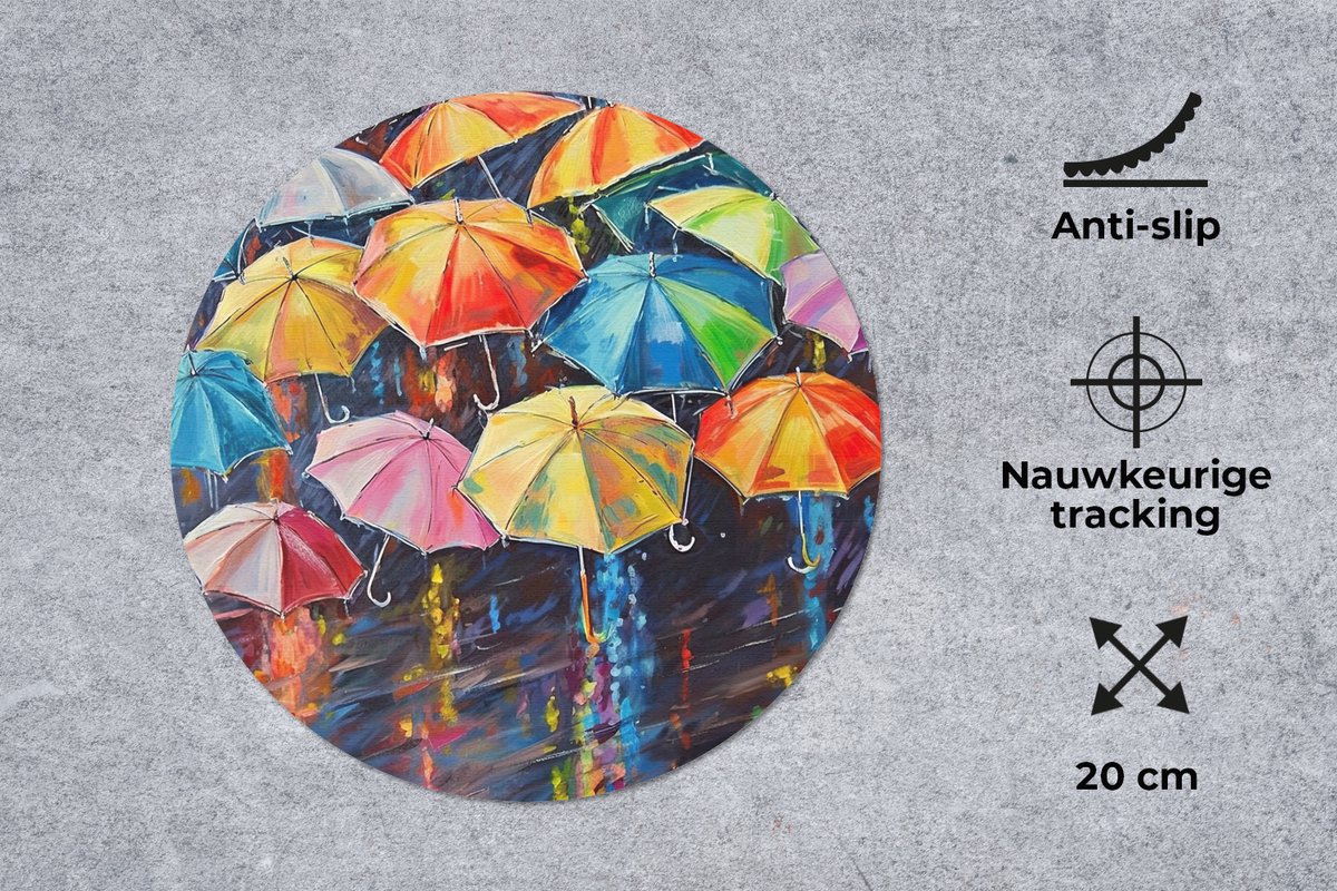 Muismat rond 20x20 cm - Mousepad Paraplu's - Schilderij - Kunst - Regenboog - Ronde muismatten