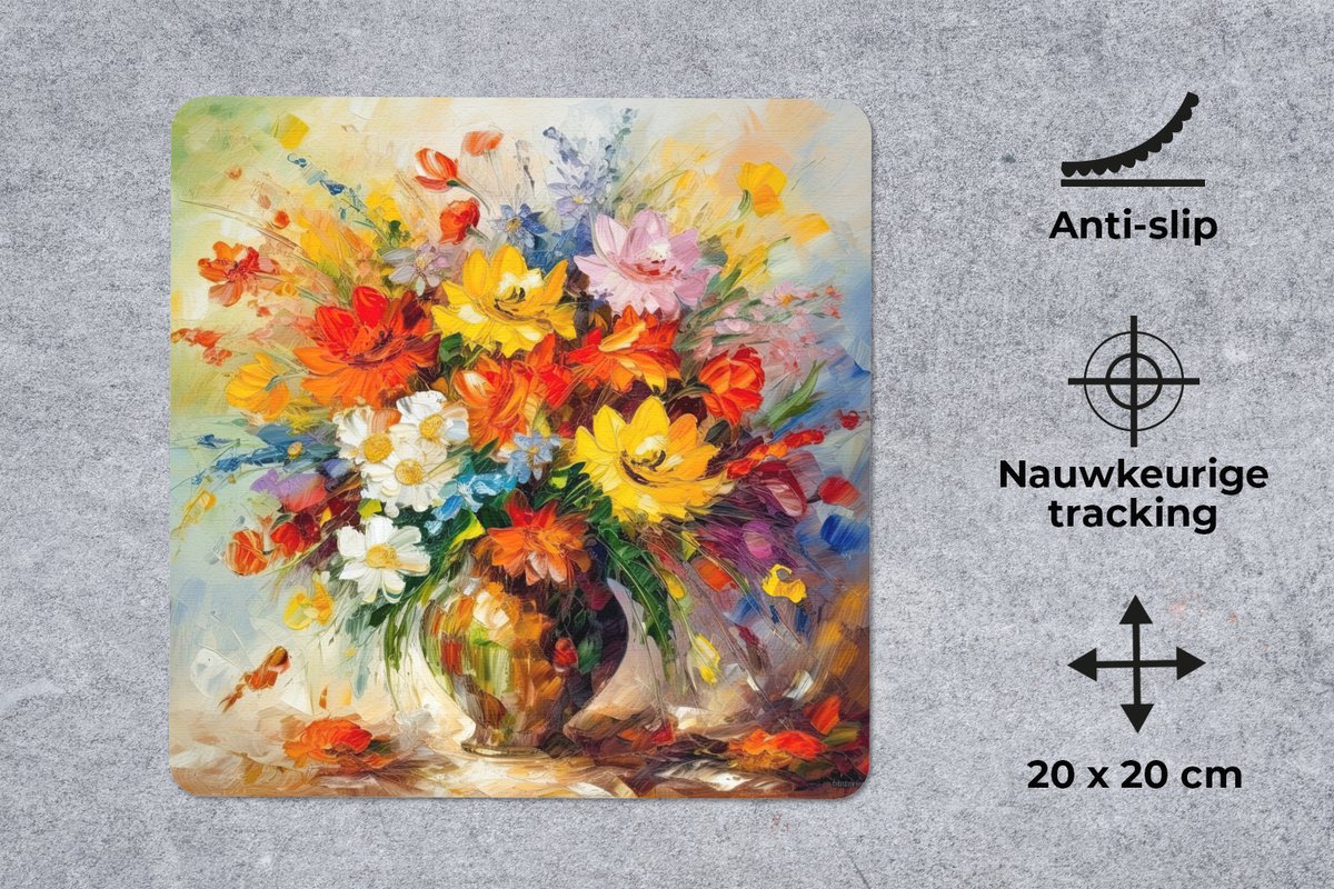 Muismat 20x20 cm - Mousepad Bloemen - Kleurrijk - Olieverf - Bloempot - Muismatten