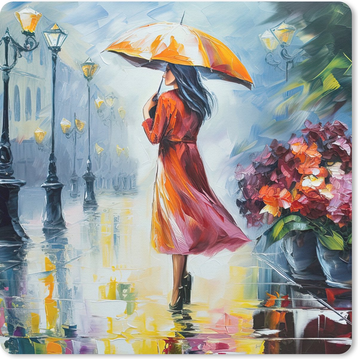 Muismat 30x30 cm - Mousepad Olieverf - Paraplu - Vrouw - Straat - Kunst - Muismatten