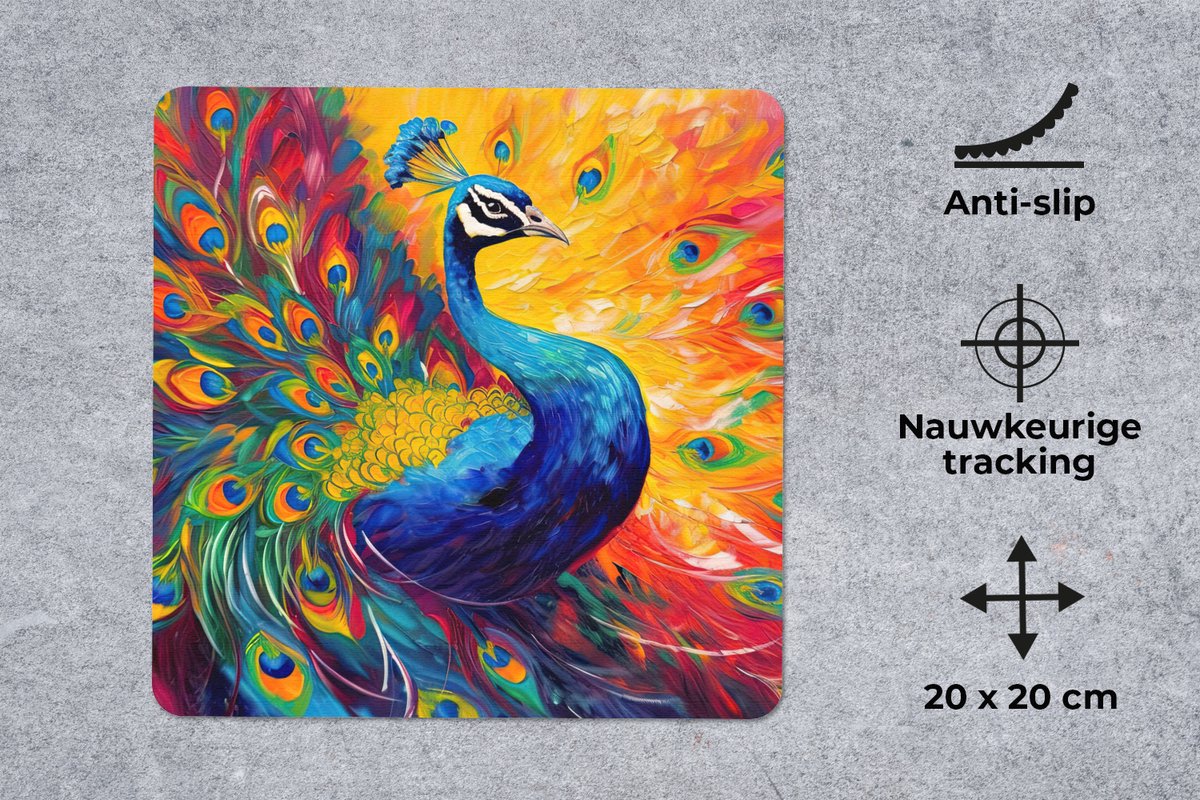 Muismat 20x20 cm - Mousepad Pauw - Kunst - Schilderij - Pauwenveren - Muismatten