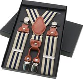 Luxe chique bretels - streep design - beige/donkerblauw - midden bruin leer - 4 stevige clips - bretels heren - unisex - Cadeau