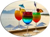 Dibond Ovaal - Kleurrijke Cocktails met Uitzicht op Zee - 68x51 cm Foto op Ovaal (Met Ophangsysteem)
