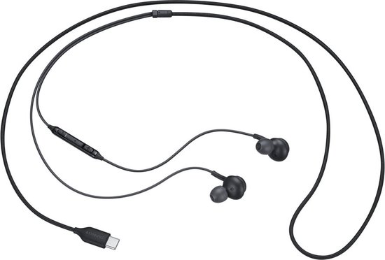 Zwarte Samsung AKG oordopjes met USB-C aansluiting en afstandsbediening.